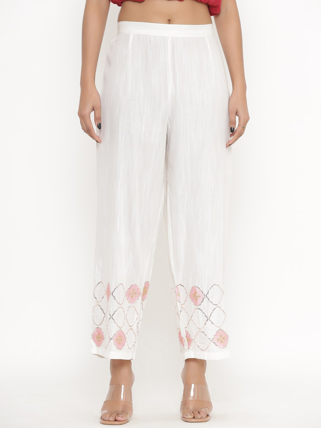 

DIVYANK Women White & Pink Floral Printed Palazzos