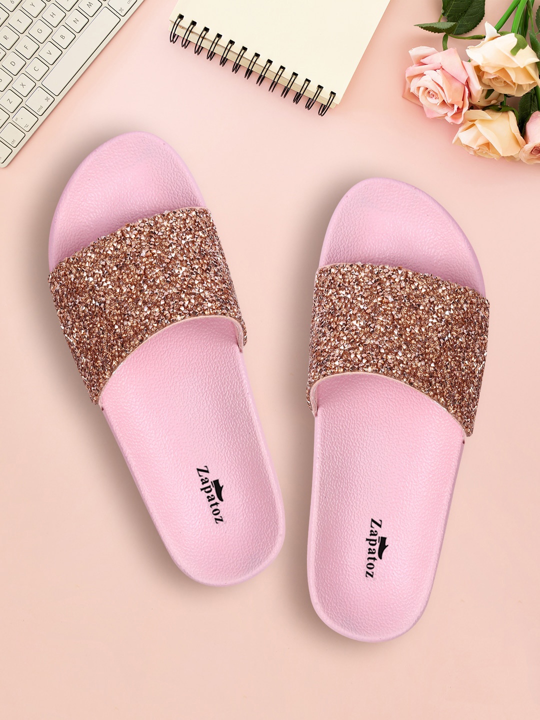 

ZAPATOZ Pink Embellished PU Open Toe Wedge Sandals