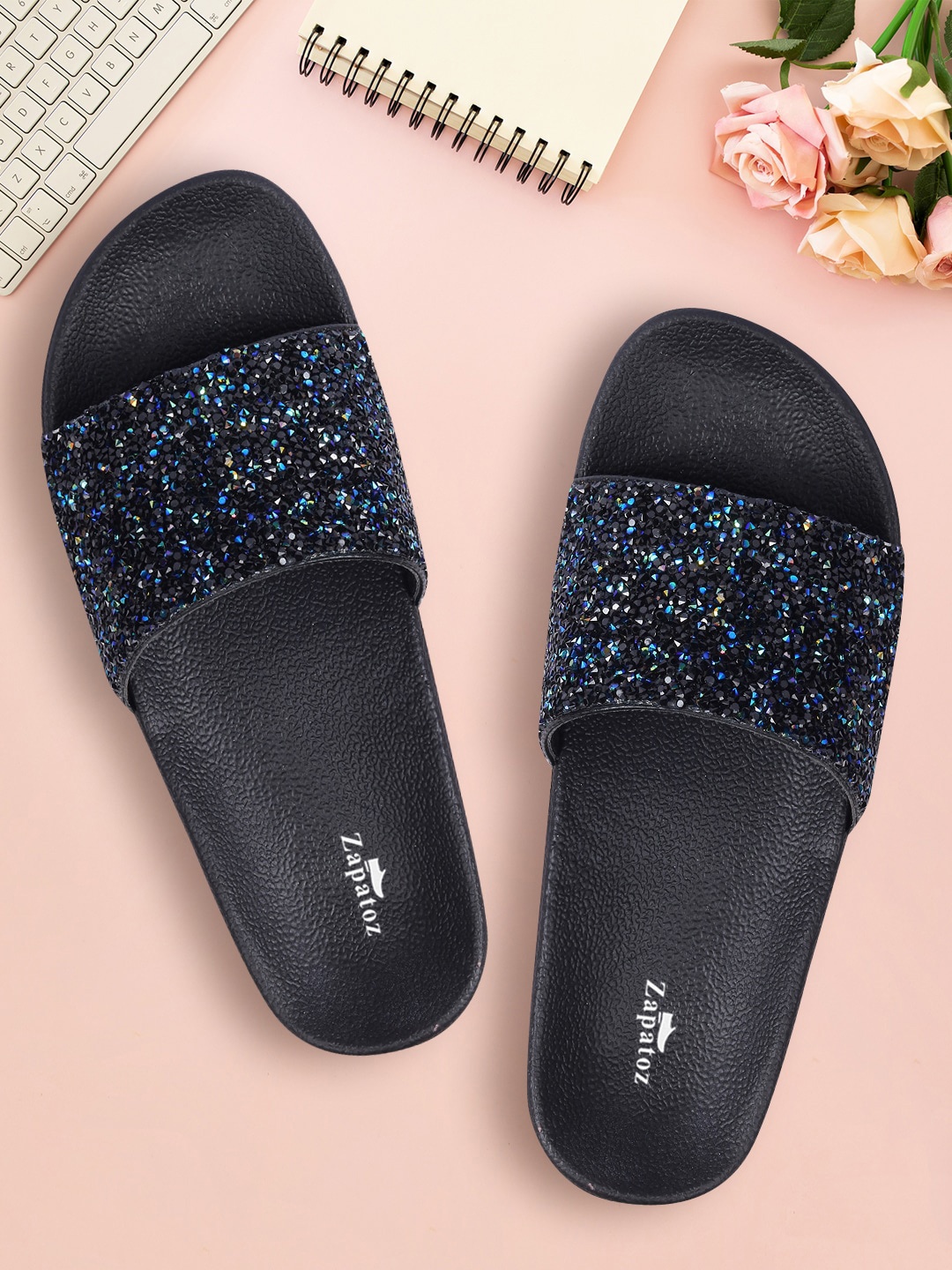 

ZAPATOZ Black Printed PU Wedge Peep Toes With Western Embellishments