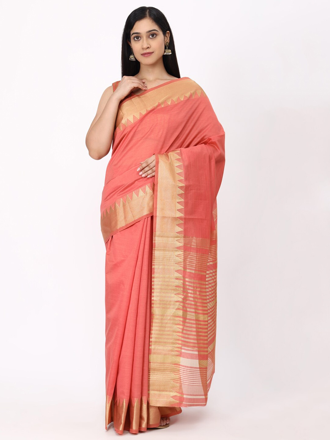 

KALINI Peach-Coloured & Gold-Toned Zari Pure Silk Ikat Saree