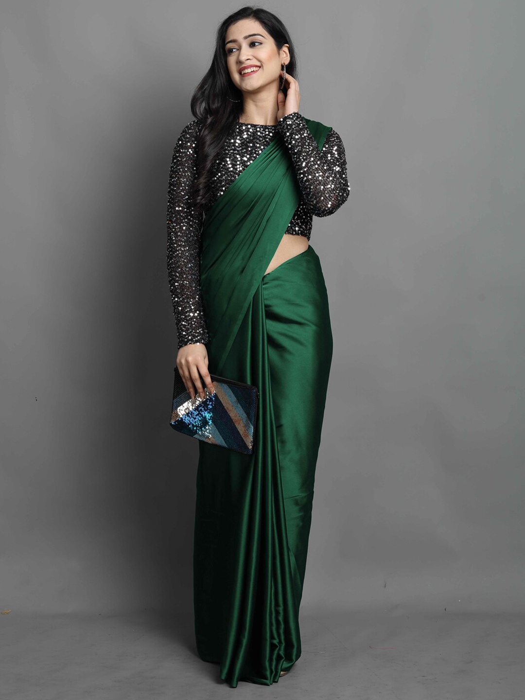 

KALINI Green Satin Saree With Sequinned Blouse Piece
