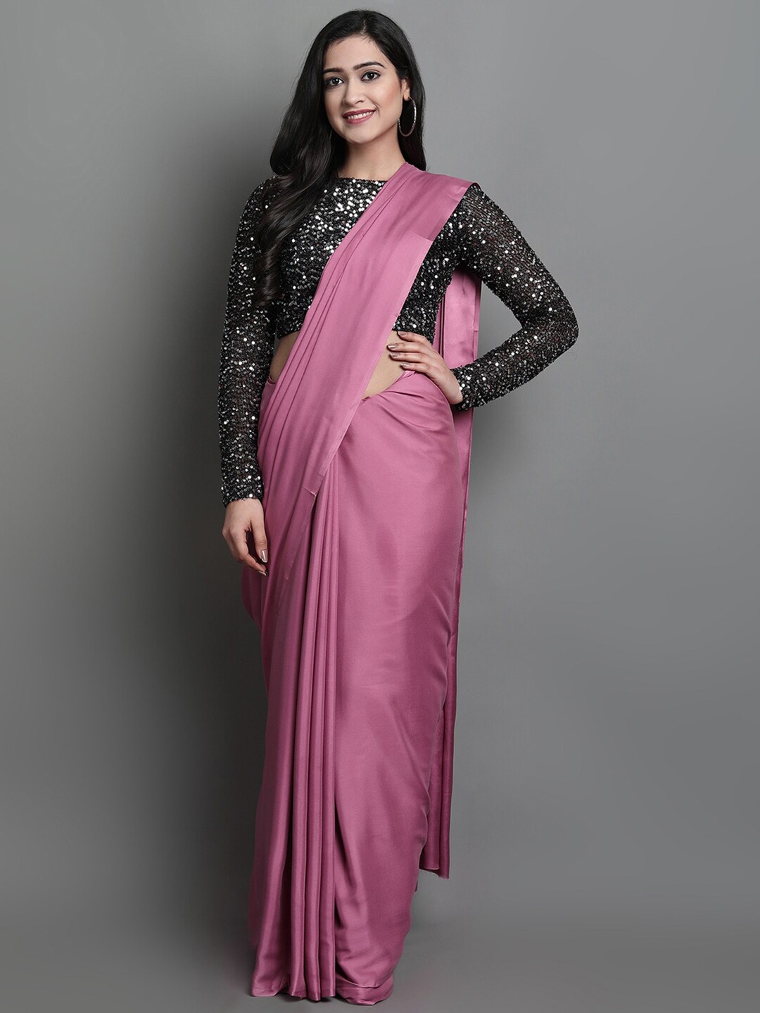 

KALINI Pink & Black Sequinned Satin Saree