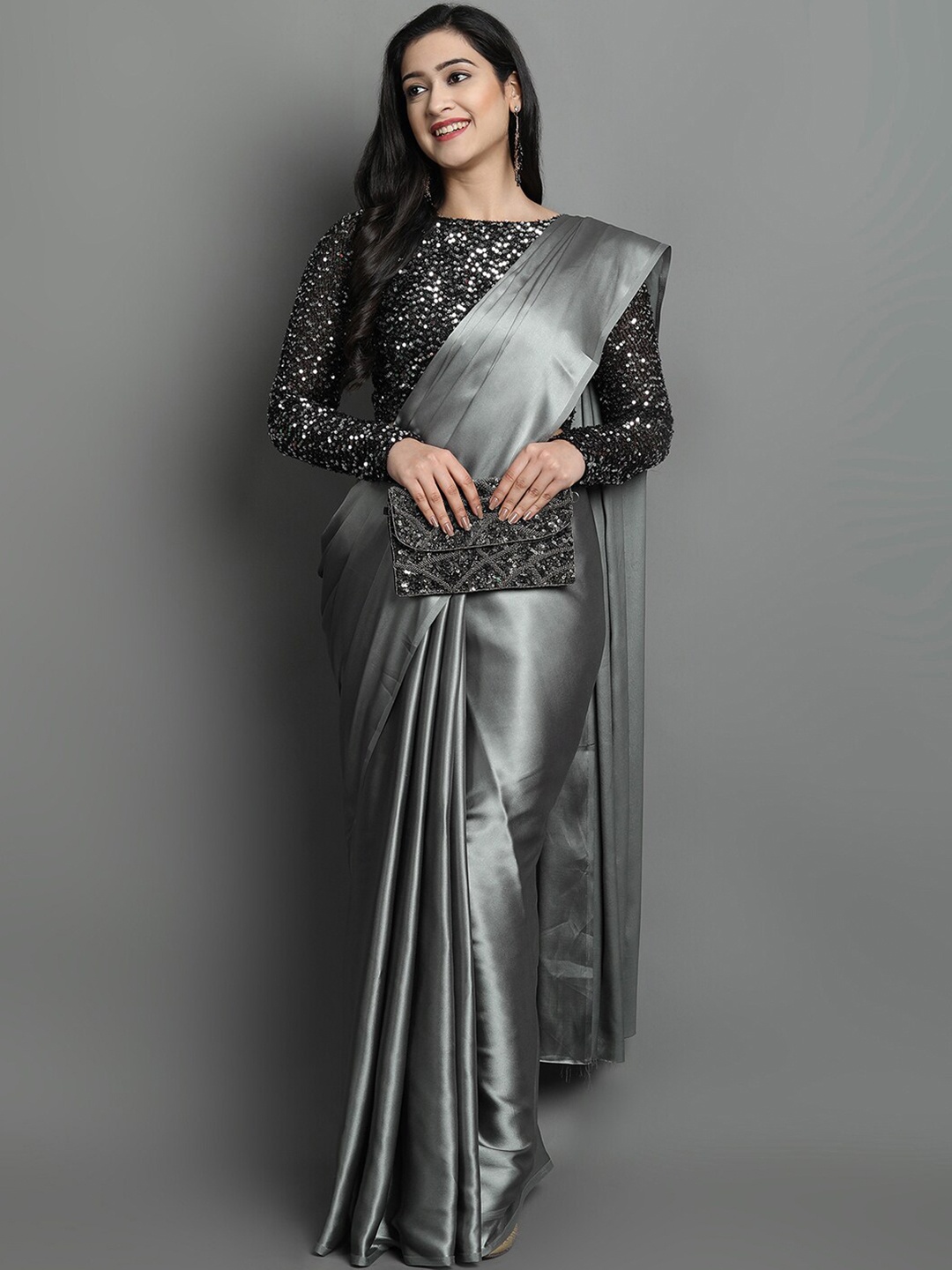 

KALINI Grey Sequinned Satin Saree