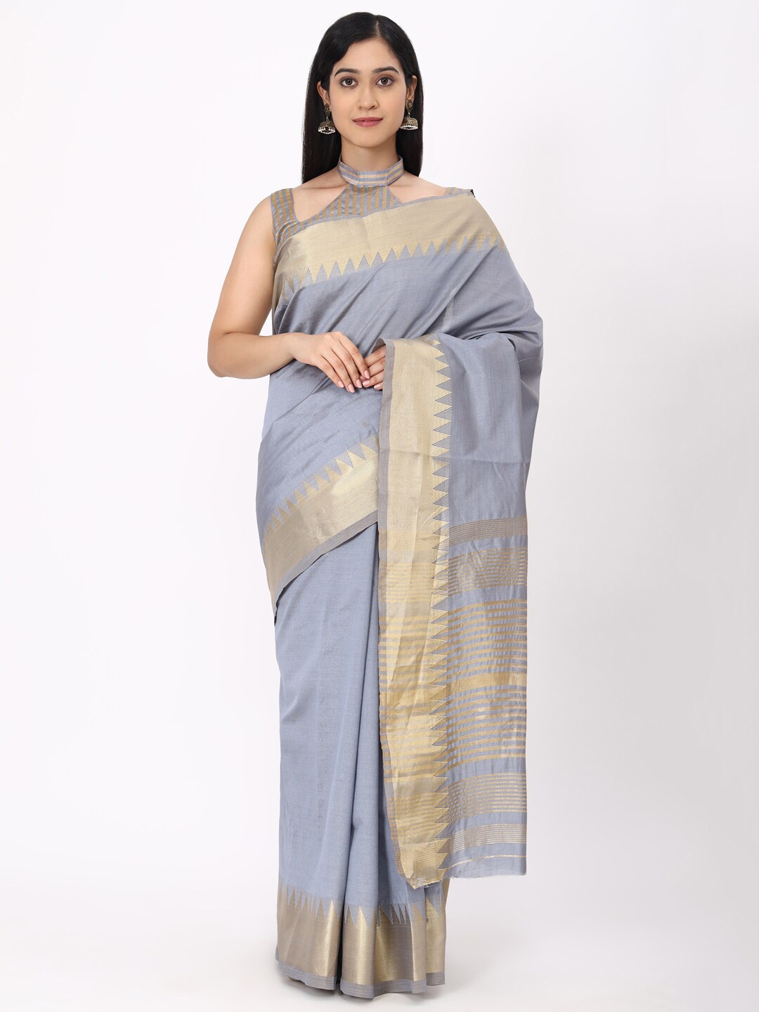 

KALINI Grey & Gold-Toned Woven Design Pure Silk Ikat Saree