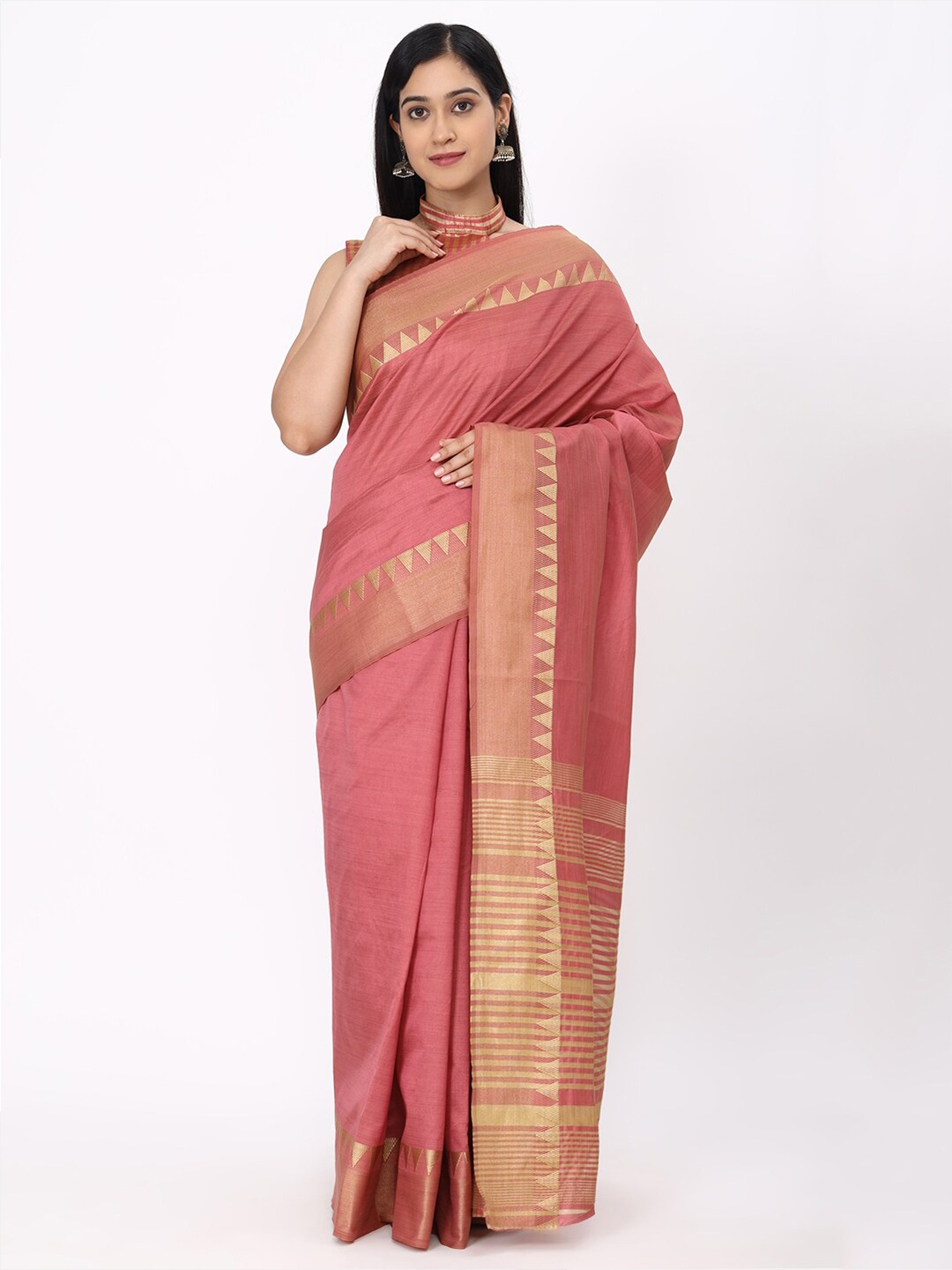 

KALINI Pink & Gold-Toned Woven Design Zari Pure Silk Ikat Saree