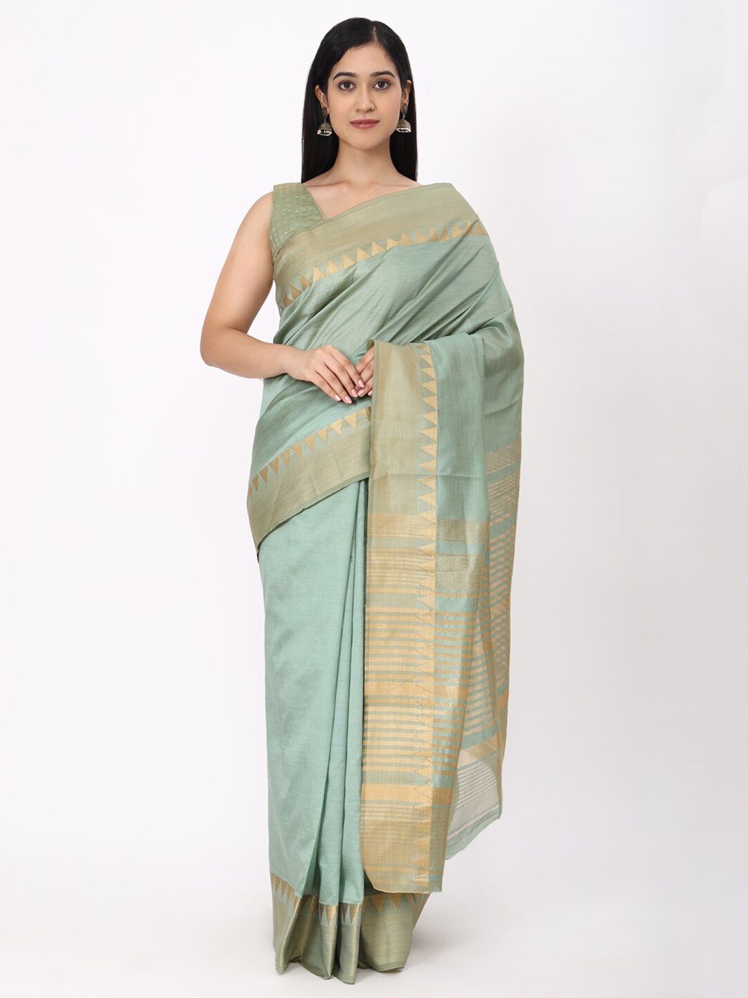 

KALINI Olive Green & Gold-Toned Woven Design Zari Pure Silk Ikat Saree