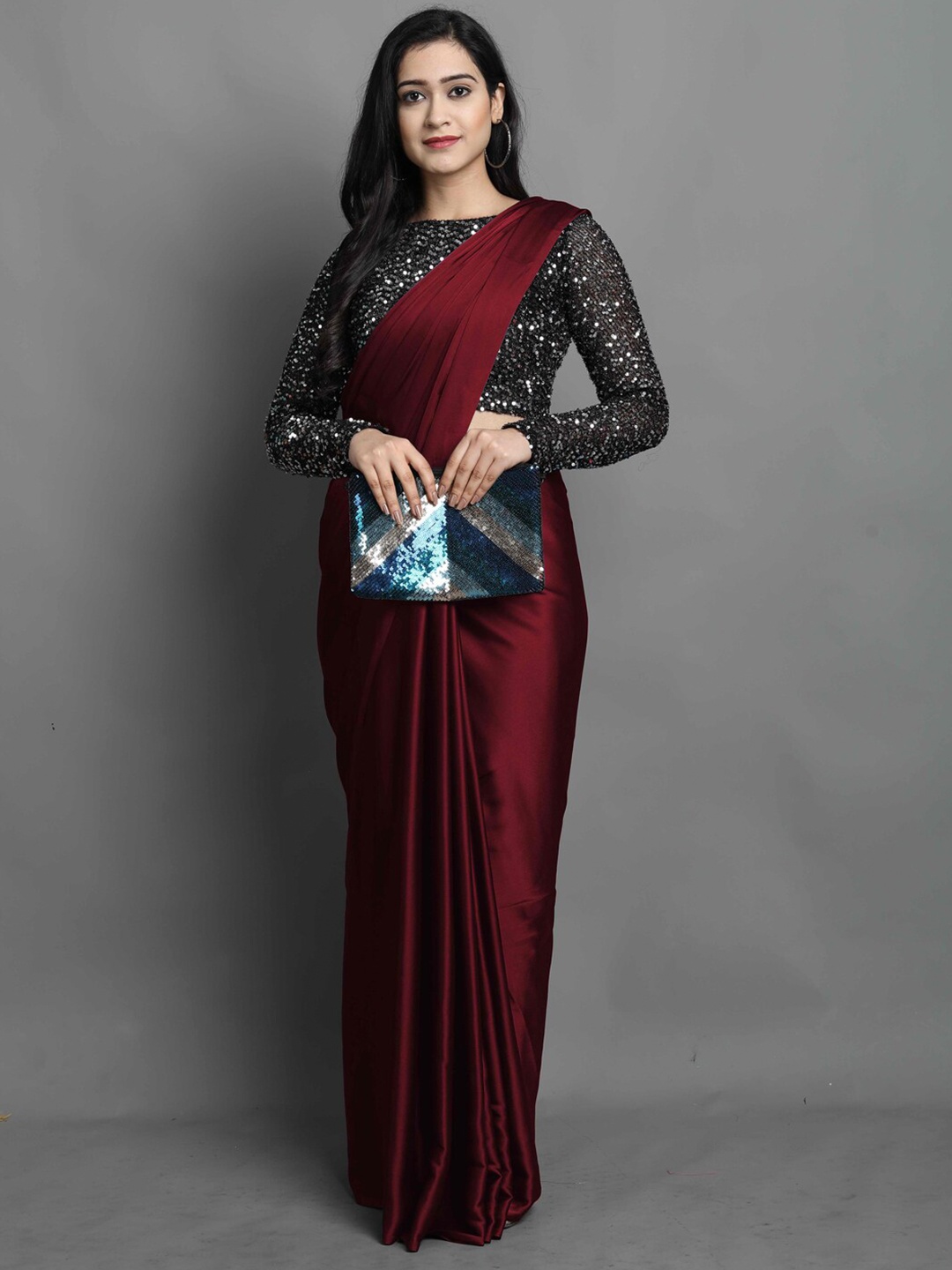 

KALINI Maroon & Black Sequinned Satin Saree