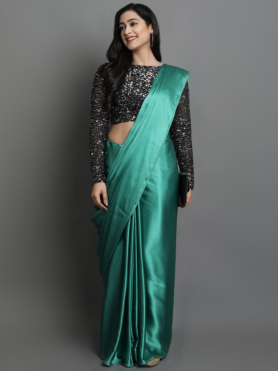 

KALINI Green & Black Sequinned Satin Saree