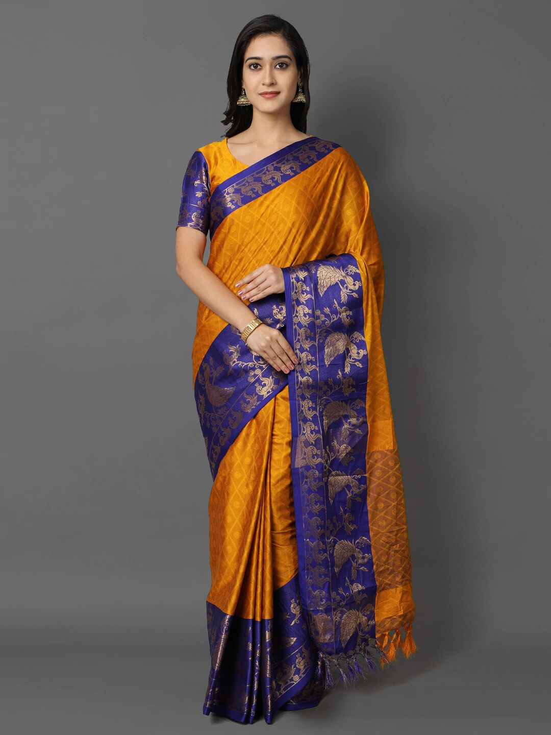 

awesome Gold-Toned & Blue Woven Design Zari Silk Cotton Mysore Silk Saree