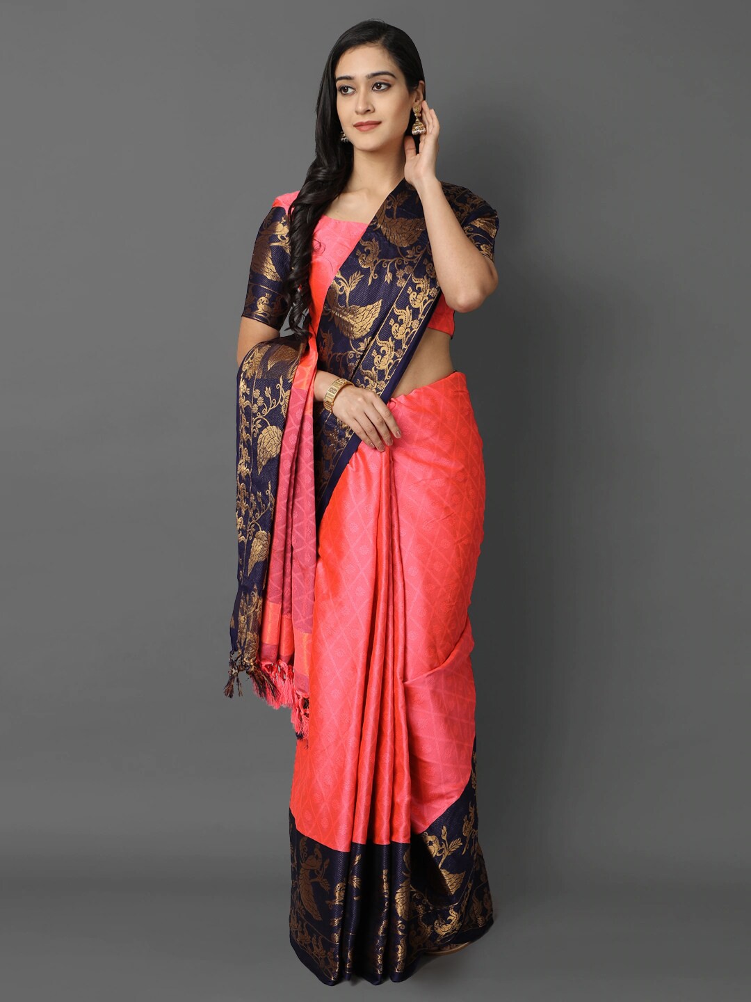 

awesome Peach-Coloured & Navy Blue Woven Design Mysore Silk Cotton Saree