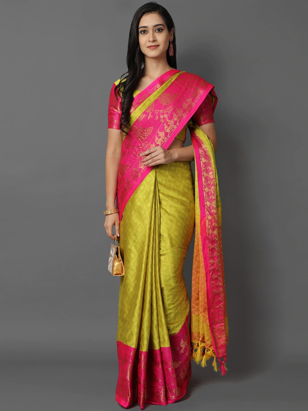 

awesome Lime Green & Fuchsia Woven Design Zari Silk Cotton Mysore Silk Saree