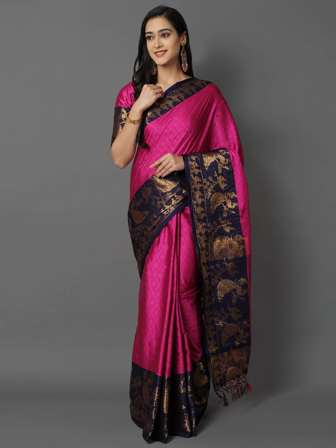 

awesome Pink & Gold-Toned Ethnic Motifs Zari Silk Cotton Mysore Silk Saree
