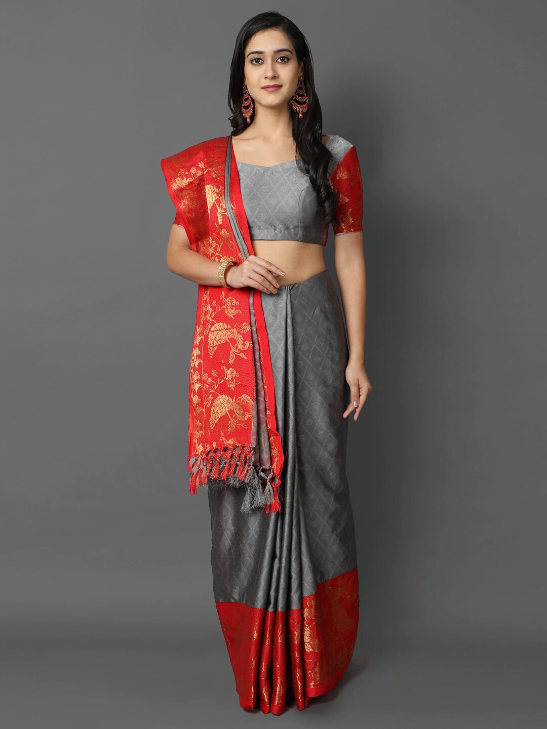 

awesome Grey & Red Woven Design Silk Cotton Mysore Silk Saree