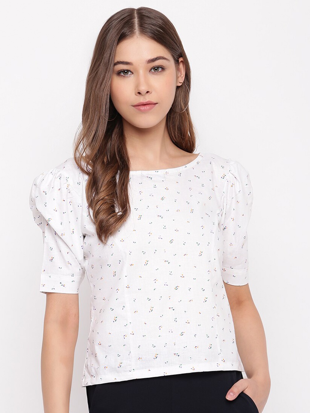 

Lagashi Women White Floral Pure Cotton Top