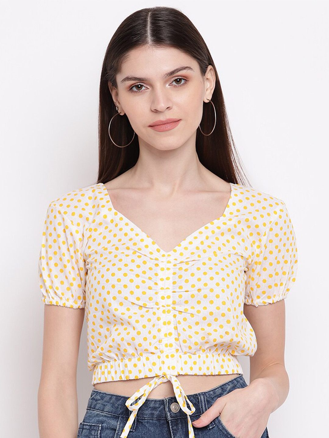 

Lagashi Yellow Polka Dots Printed Blouson Crop Top