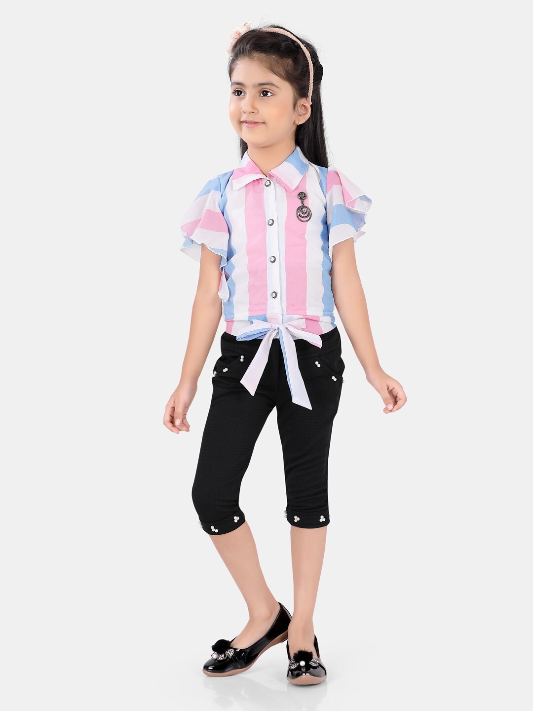 

POPLINS Girls Pink & Black Colourblocked Pure Cotton Co-Ords Set