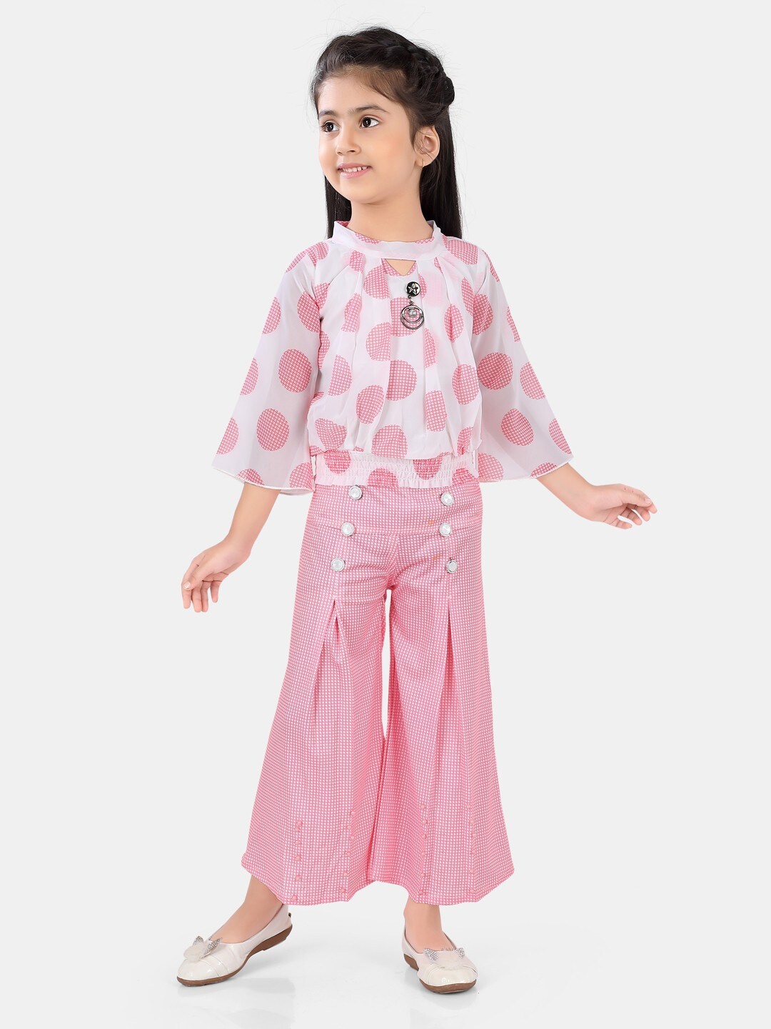 

POPLINS Girls Pink Printed Cotton Top with Palazzos