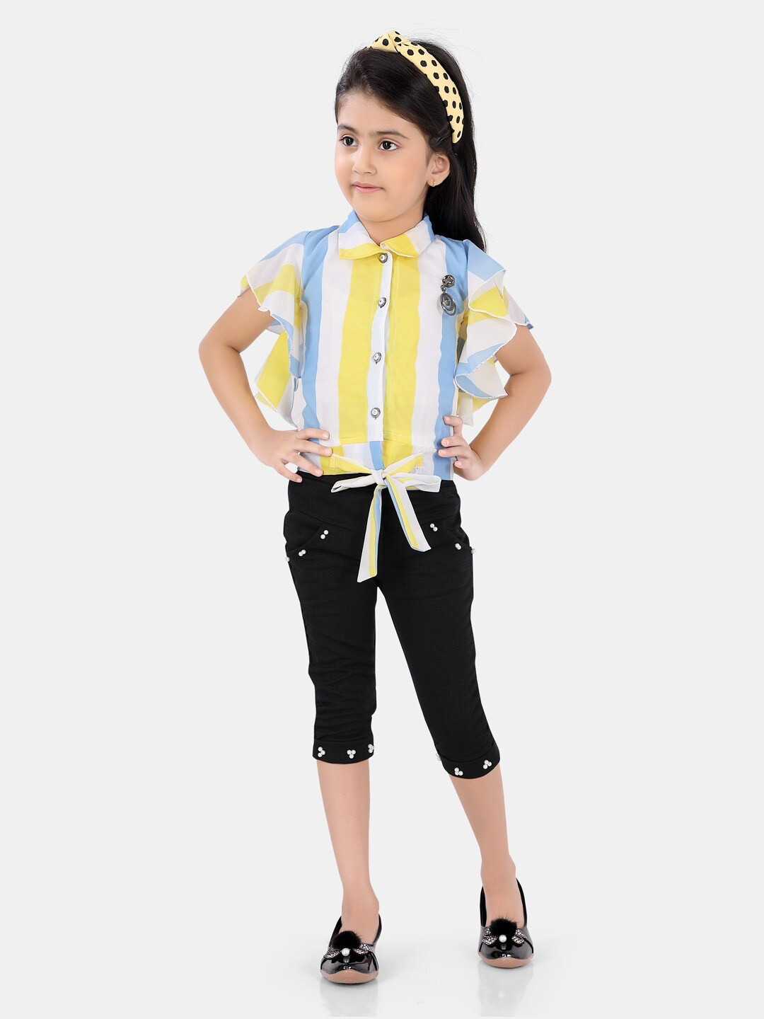 

POPLINS Girls Yellow & Black Colourblocked Pure Cotton Co-Ords Set