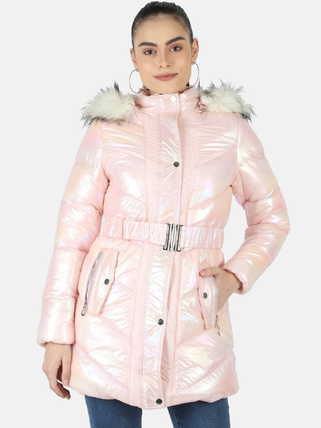 

Monte Carlo Women Pink Striped Lightweight Longline Parka Hooded Jacket