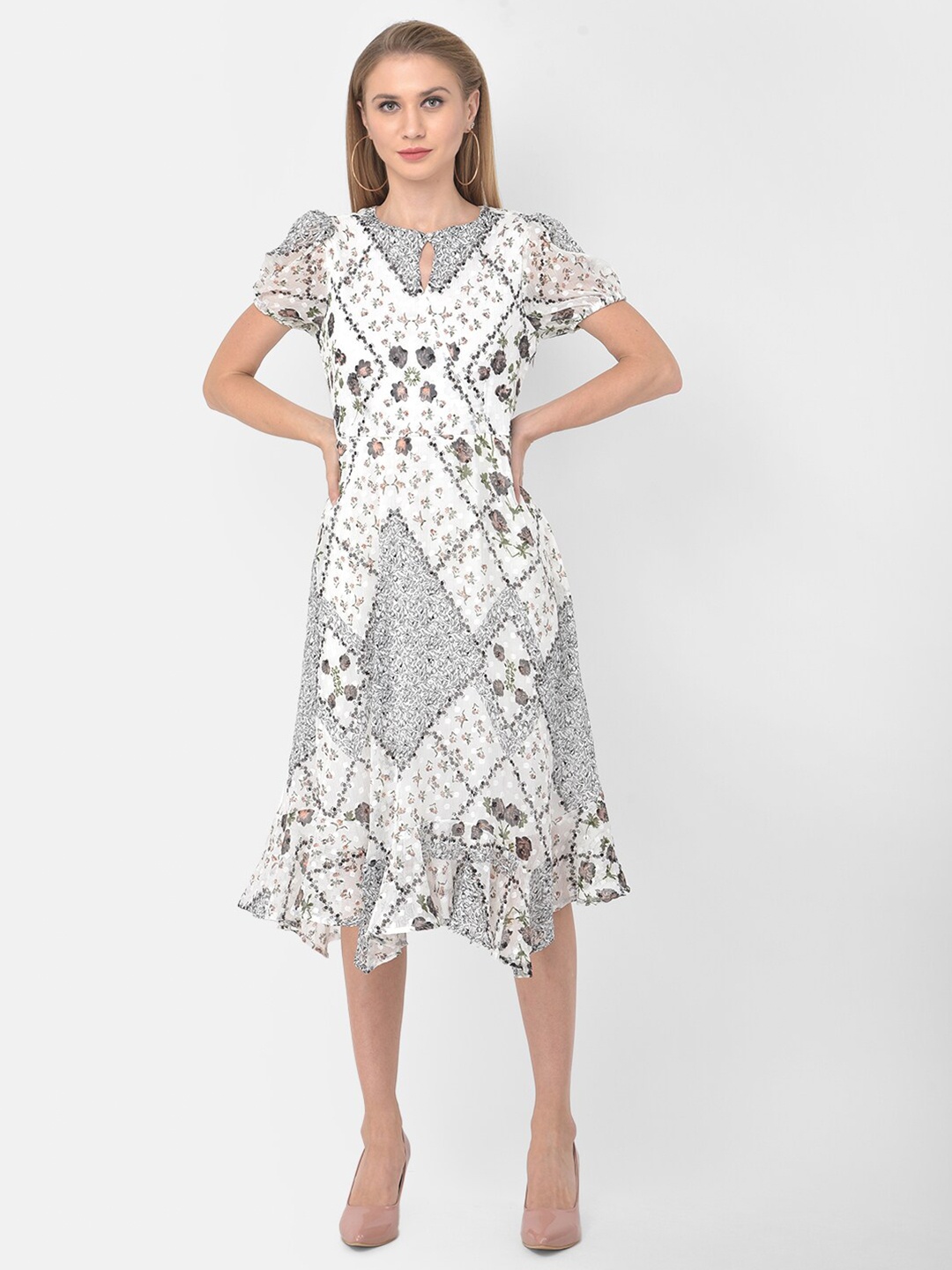 

Latin Quarters White Floral Printed Keyhole Neck Midi Dress
