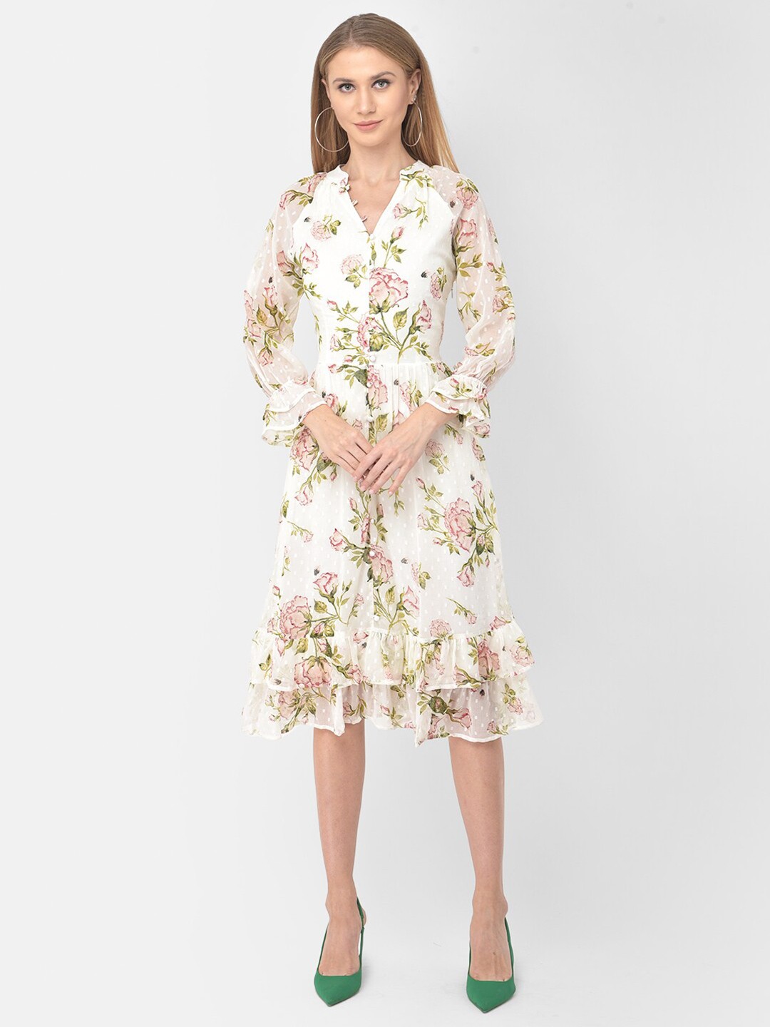 

Latin Quarters Women White & Green Layered Shirt Midi Dress
