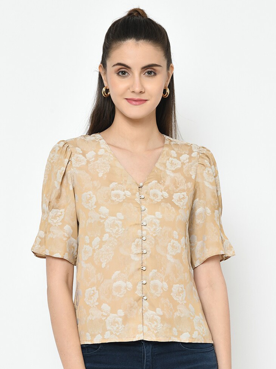 

Latin Quarters Beige Floral Print Puff Sleeves Top