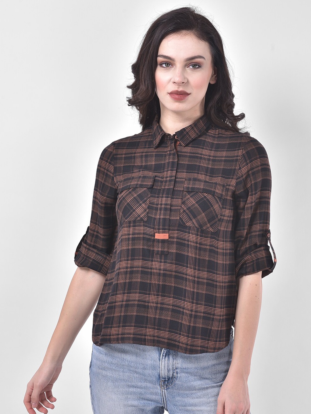 

Latin Quarters Women Brown Checked Roll-Up Sleeves Shirt Style Top