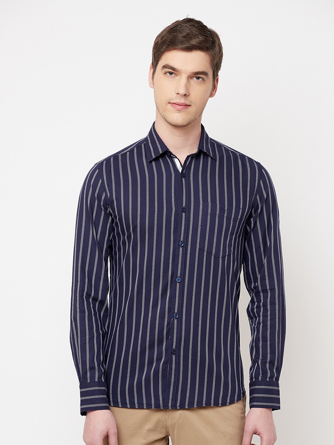 

Crimsoune Club Men Navy Blue Slim Fit Striped Pure Cotton Casual Shirt