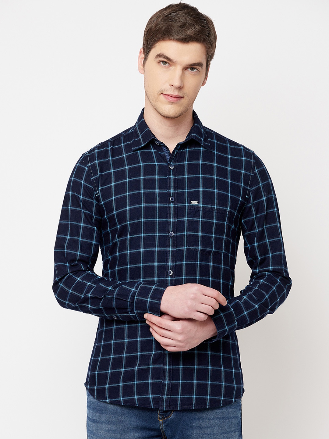 

Crimsoune Club Men Navy Blue Slim Fit Windowpane Checked Casual Shirt