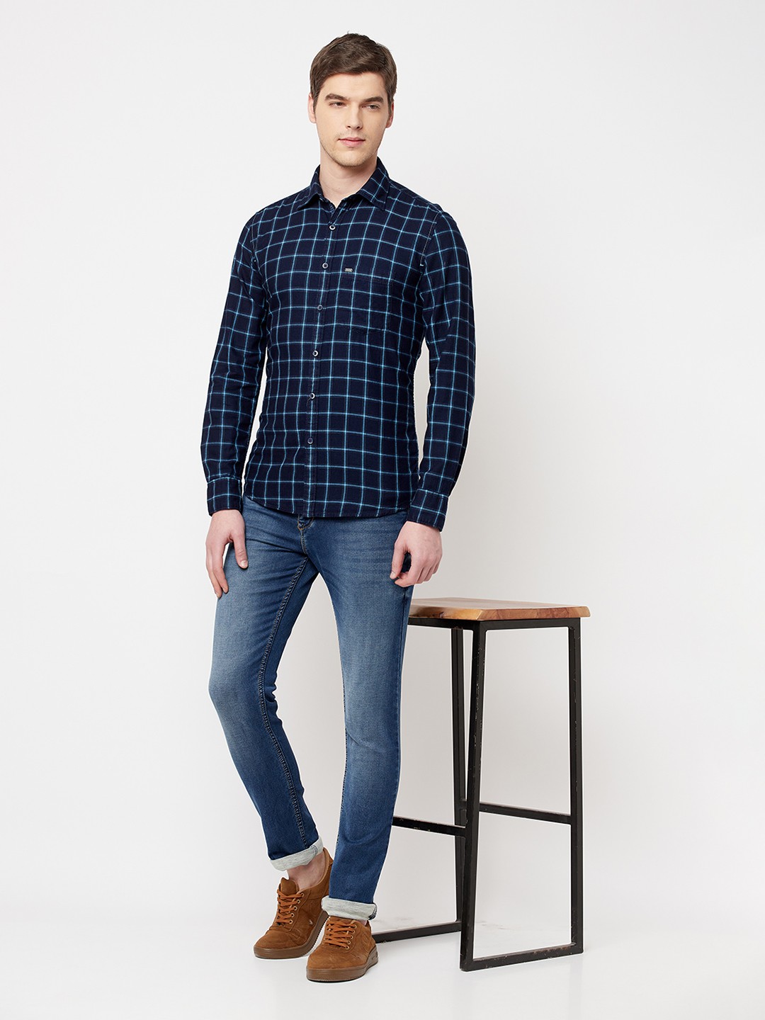

Crimsoune Club Men Blue Slim Fit Windowpane Checks Checked Casual Shirt