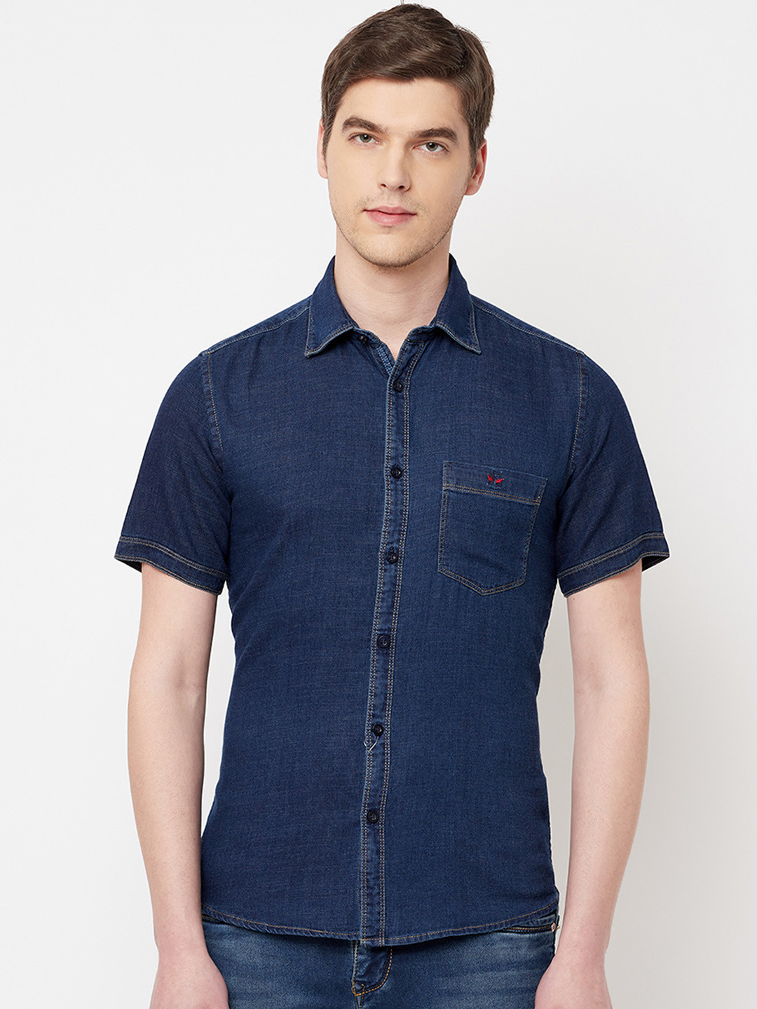 

Crimsoune Club Men Navy Blue Solid Denim Pure Cotton Slim Fit Casual Shirt
