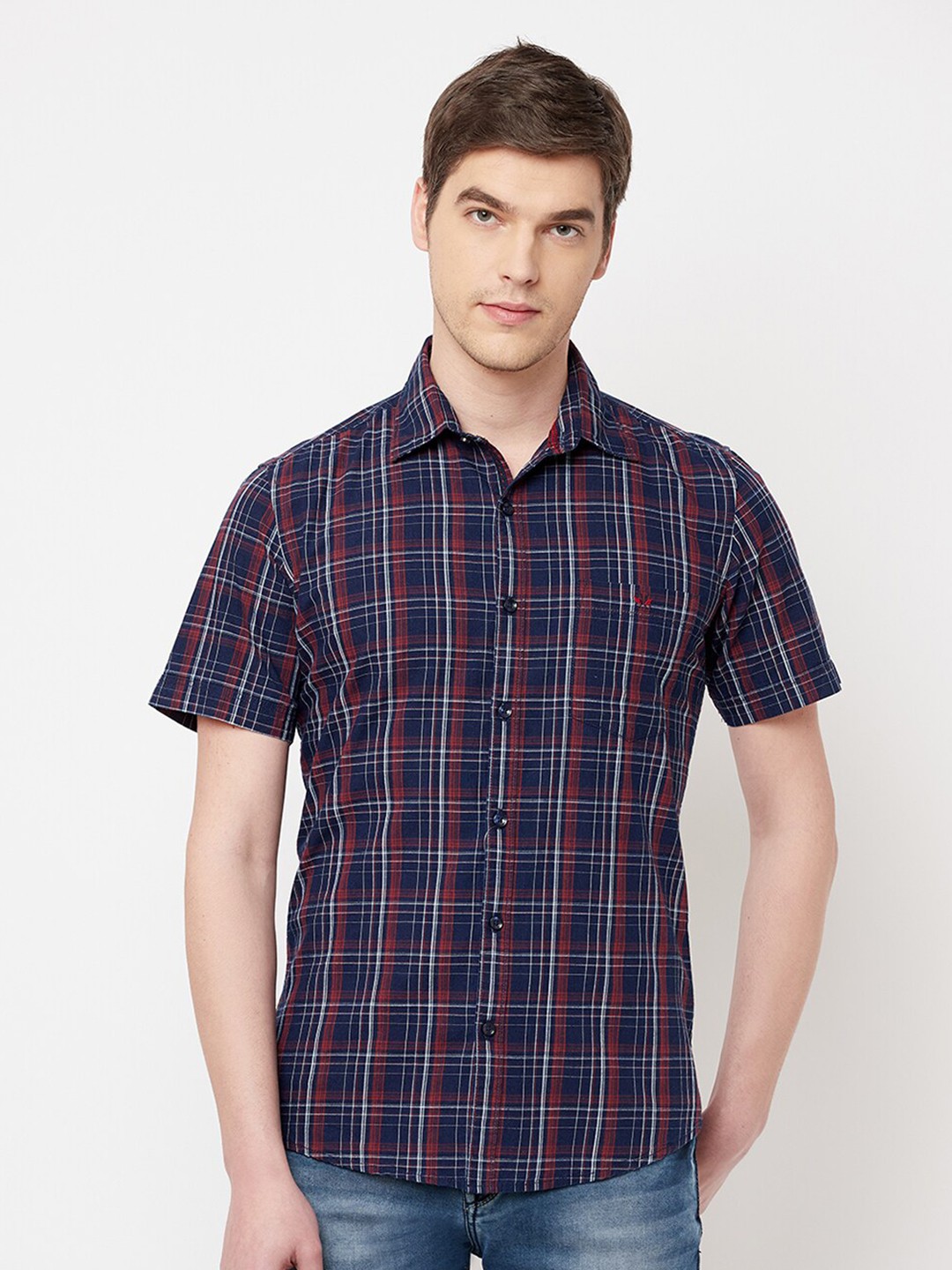 

Crimsoune Club Men Navy Blue Cotton Slim Fit Tartan Checked Casual Shirt