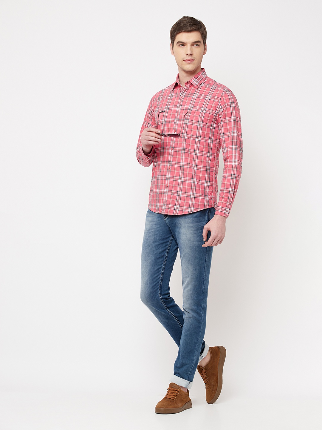 

Crimsoune Club Men Pink Slim Fit Tartan Checks Checked Casual Shirt
