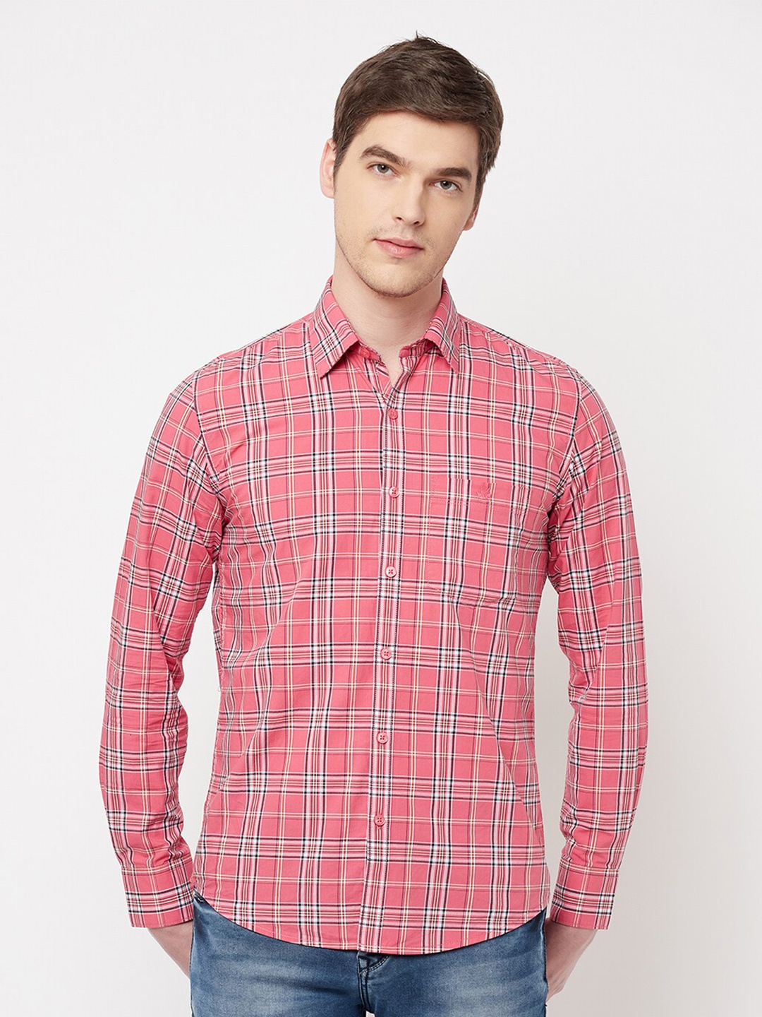 

Crimsoune Club Men Pink & White Slim Fit Tartan Checked Casual Shirt