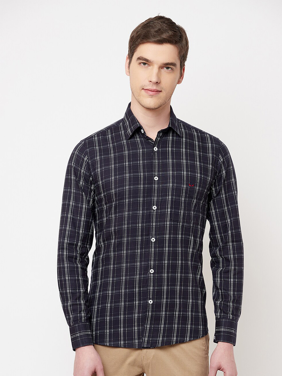 

Crimsoune Club Men Navy Blue Slim Fit Tartan Checks Checked Pure Cotton Casual Shirt