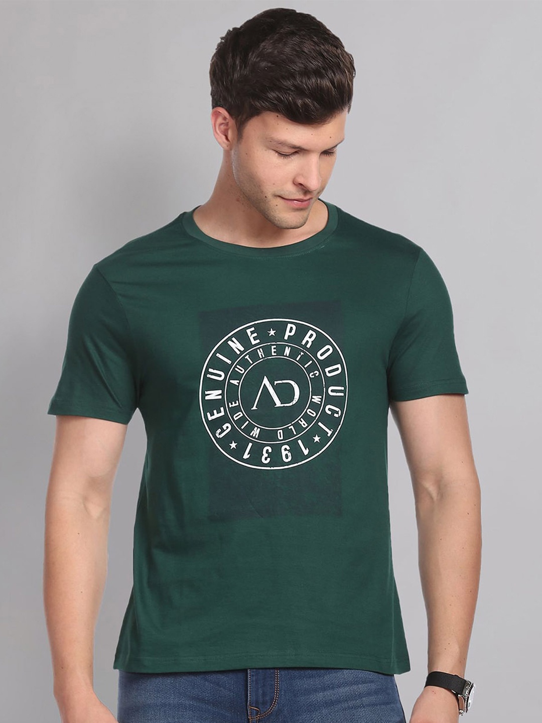 

AD By Arvind Men Green & White Typography Printed Cotton T-shirt