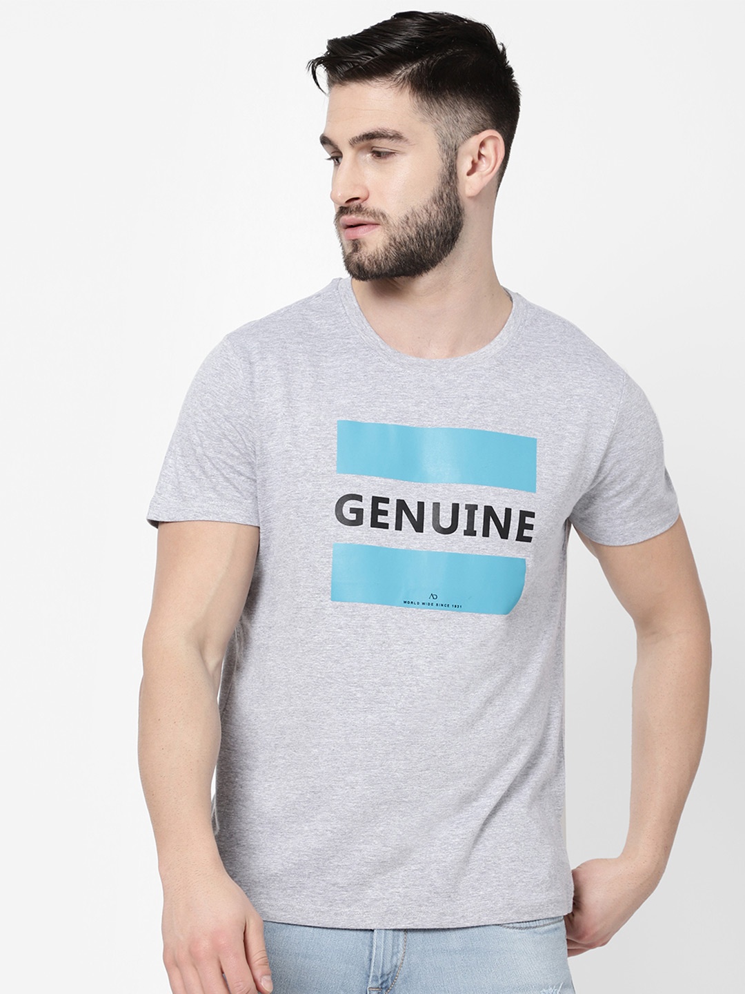 

AD By Arvind Men Grey & Turquoise Blue Typography Printed Cotton T-shirt