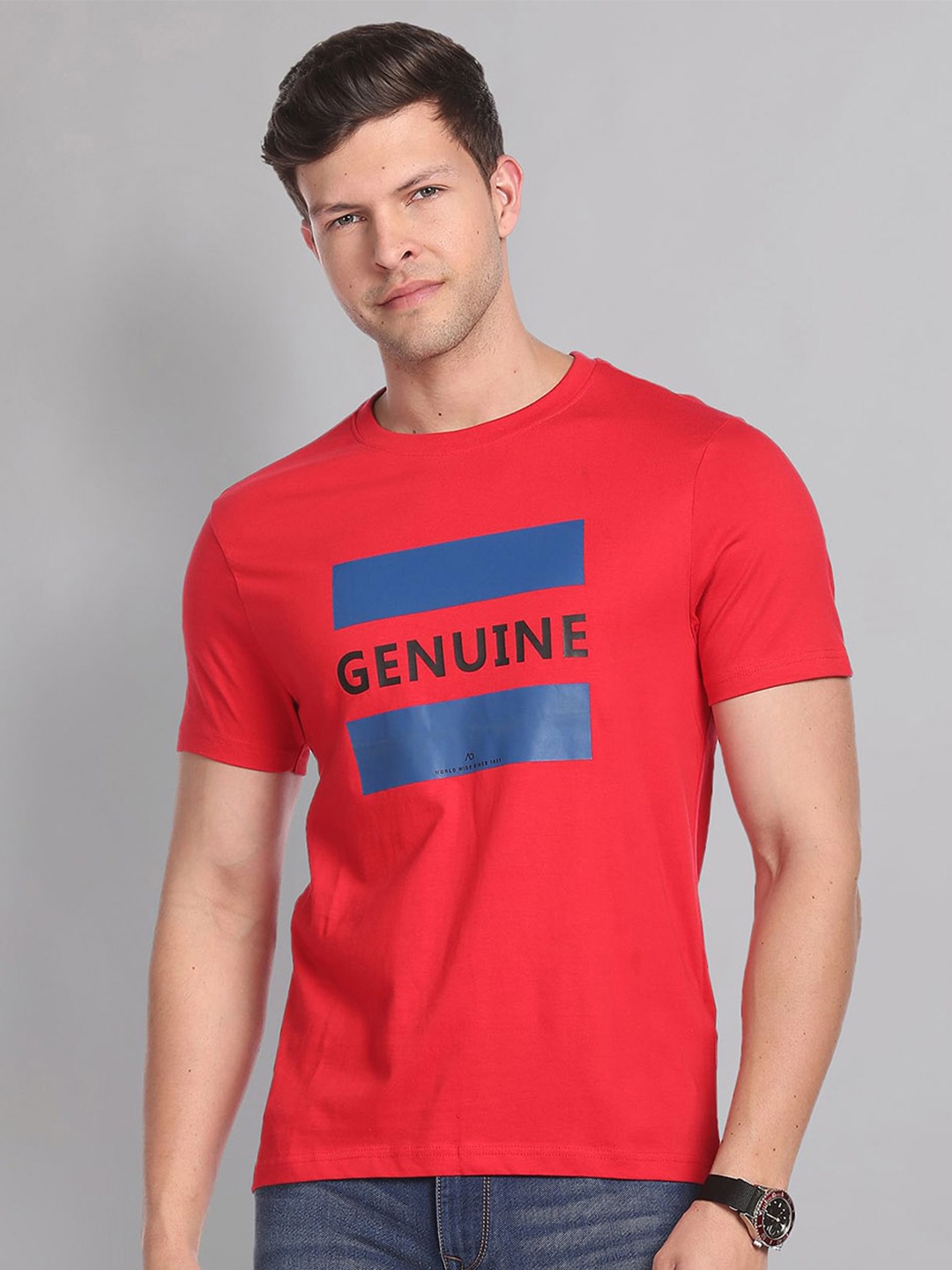 AD By Arvind Men Red & Blue Typography Printed Pure Cotton T-shirt