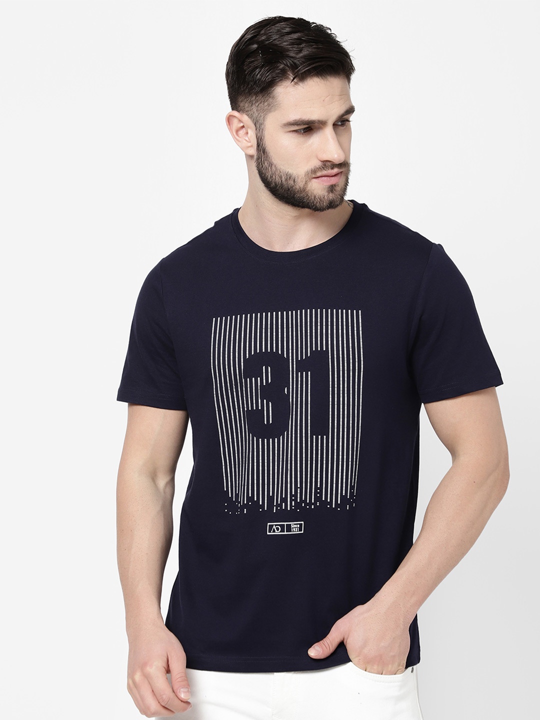 

AD By Arvind Men Navy Blue Printed Cotton T-shirt