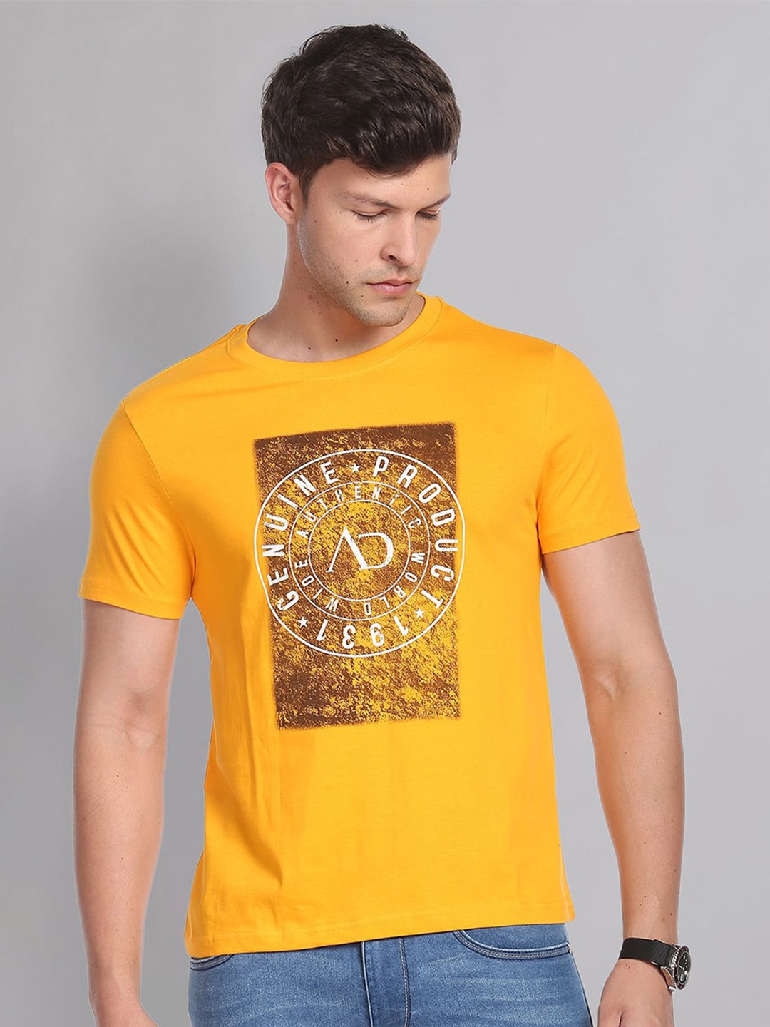 

AD By Arvind Men Yellow Typography Printed Cotton T-shirt