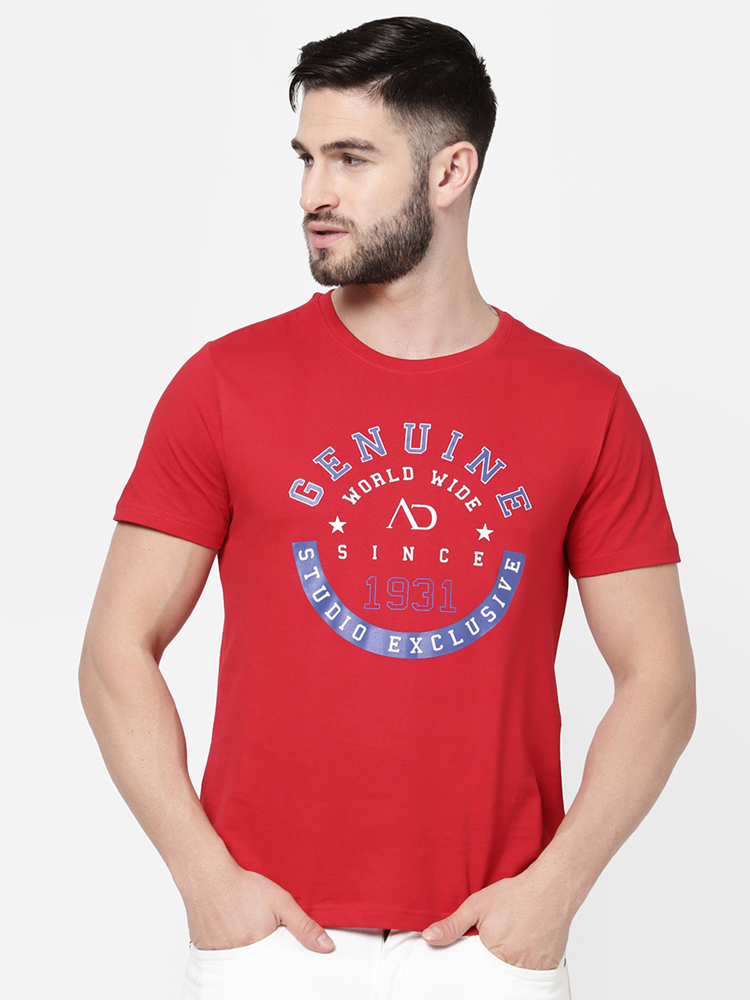 

AD By Arvind Men Red Typography Printed Regular Fit Pure Cotton T-shirt