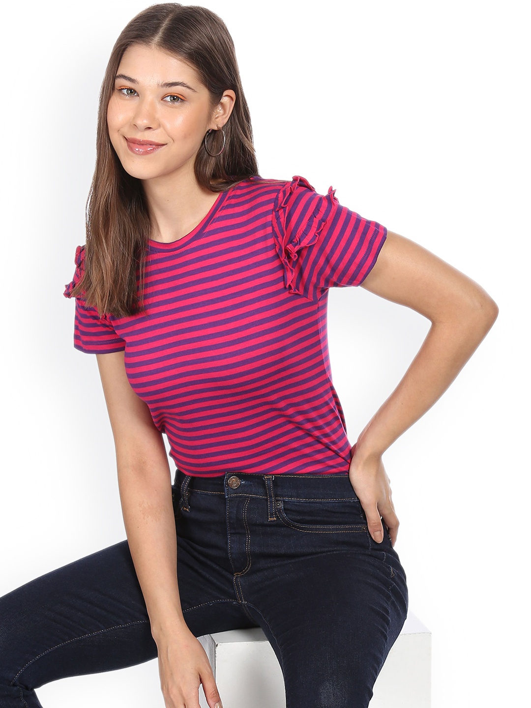 

Sugr Fuchsia Round Neck Short Sleeves Striped Top