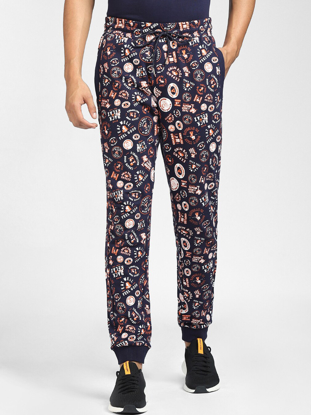 

Jack & Jones Men Navy Blue Regular Fit Printed Cotton Joggers