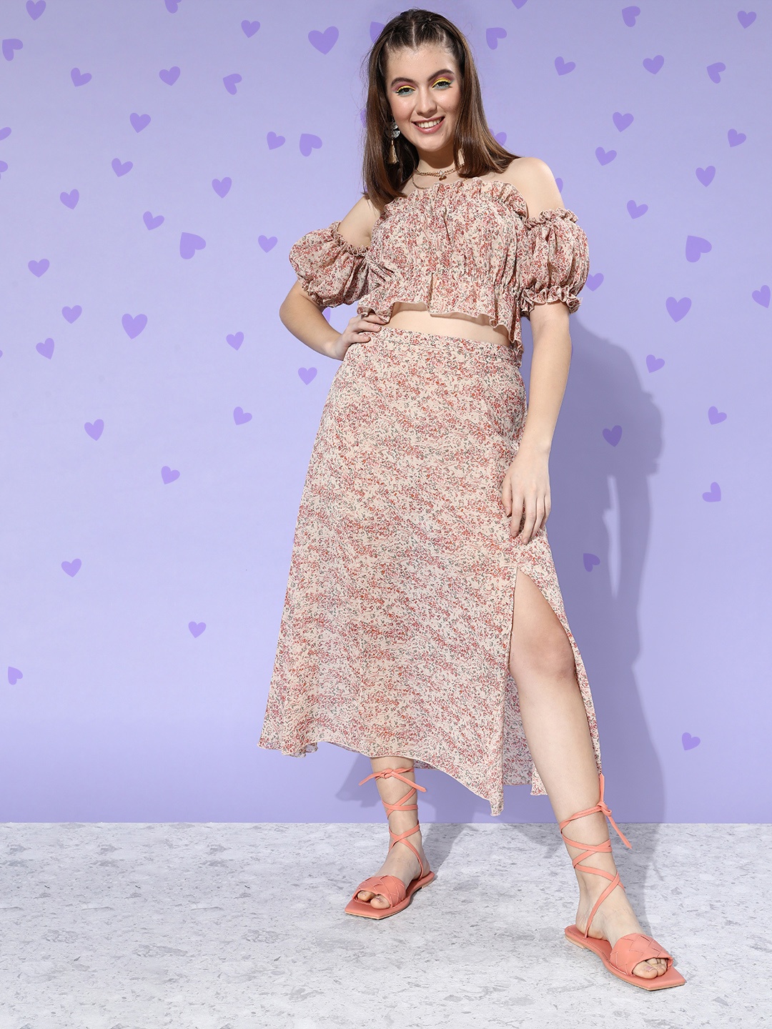 

ANVI Be Yourself Women Beige Printed Top with Skirt