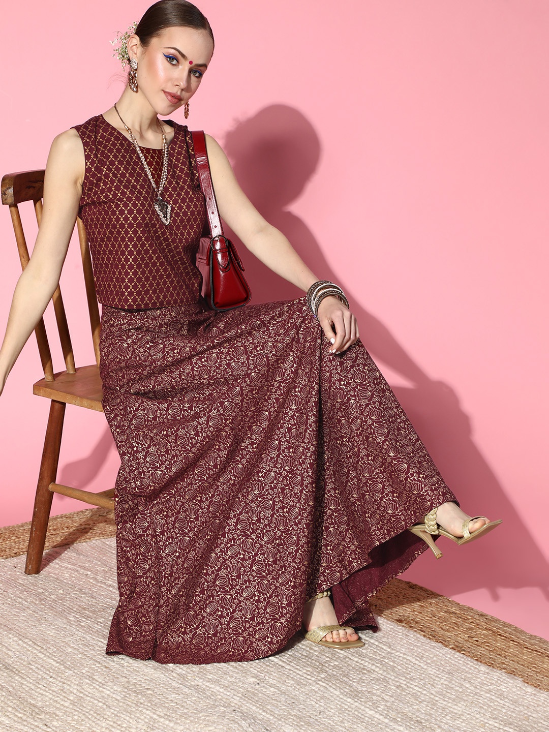 

Sangria Women Maroon Ethnic Motifs Printed Top with Skirt