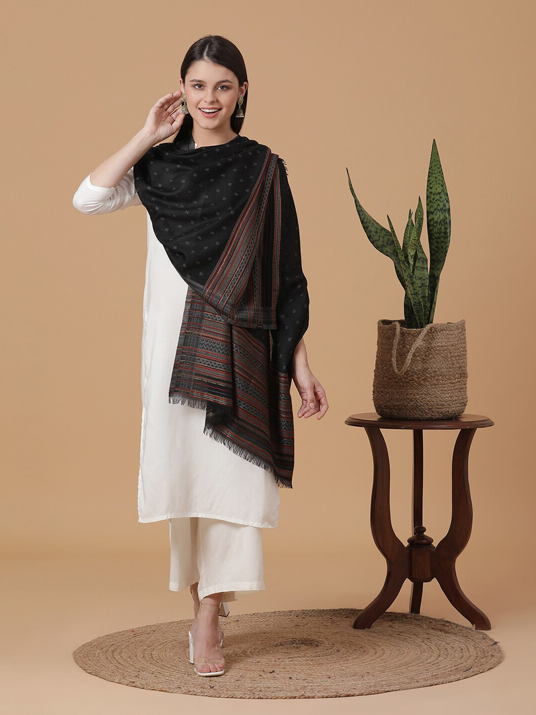 

SHINGORA Women Black Woven Design Wool Stoles