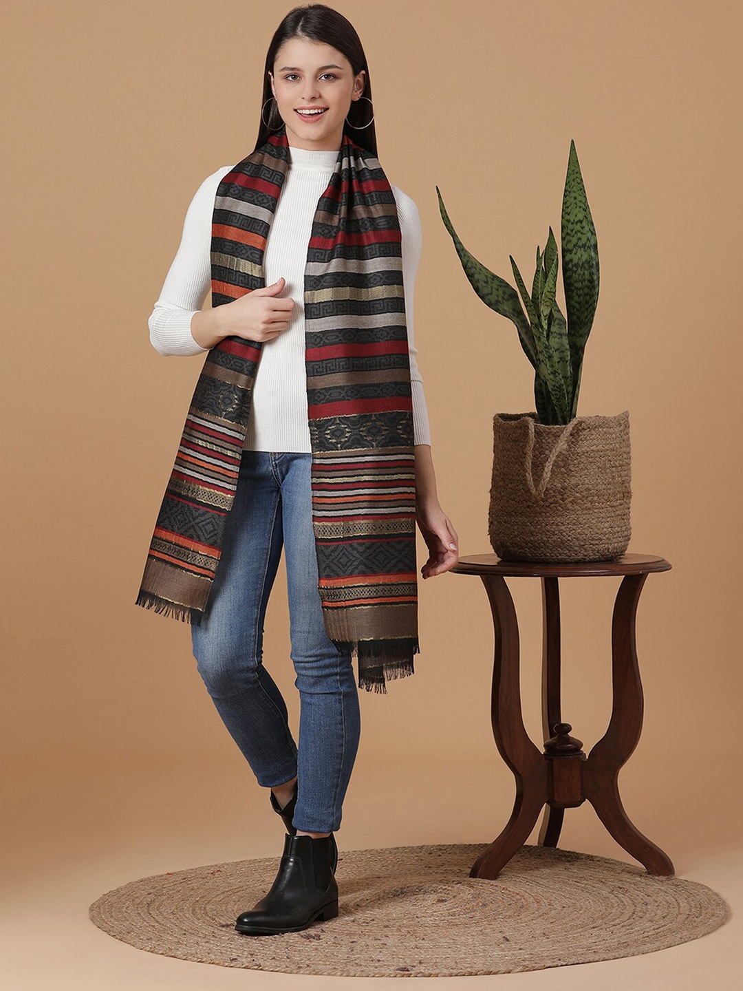 

SHINGORA Women Black Woven Design Jacquard Stole