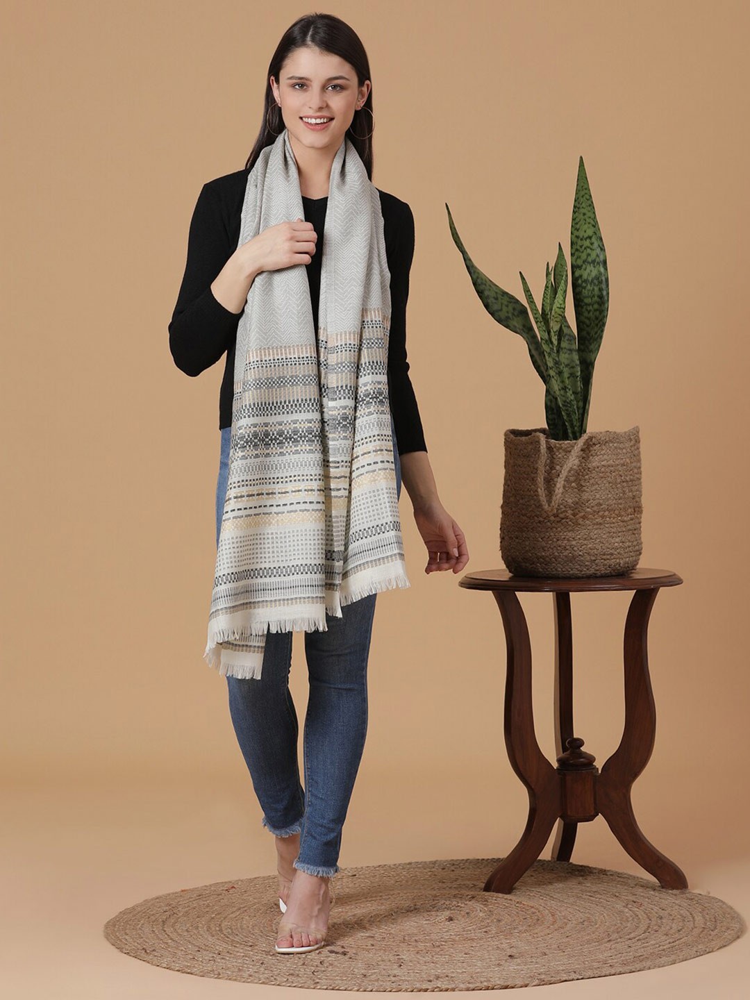 

SHINGORA Women Off White & Grey Woven Design Stole