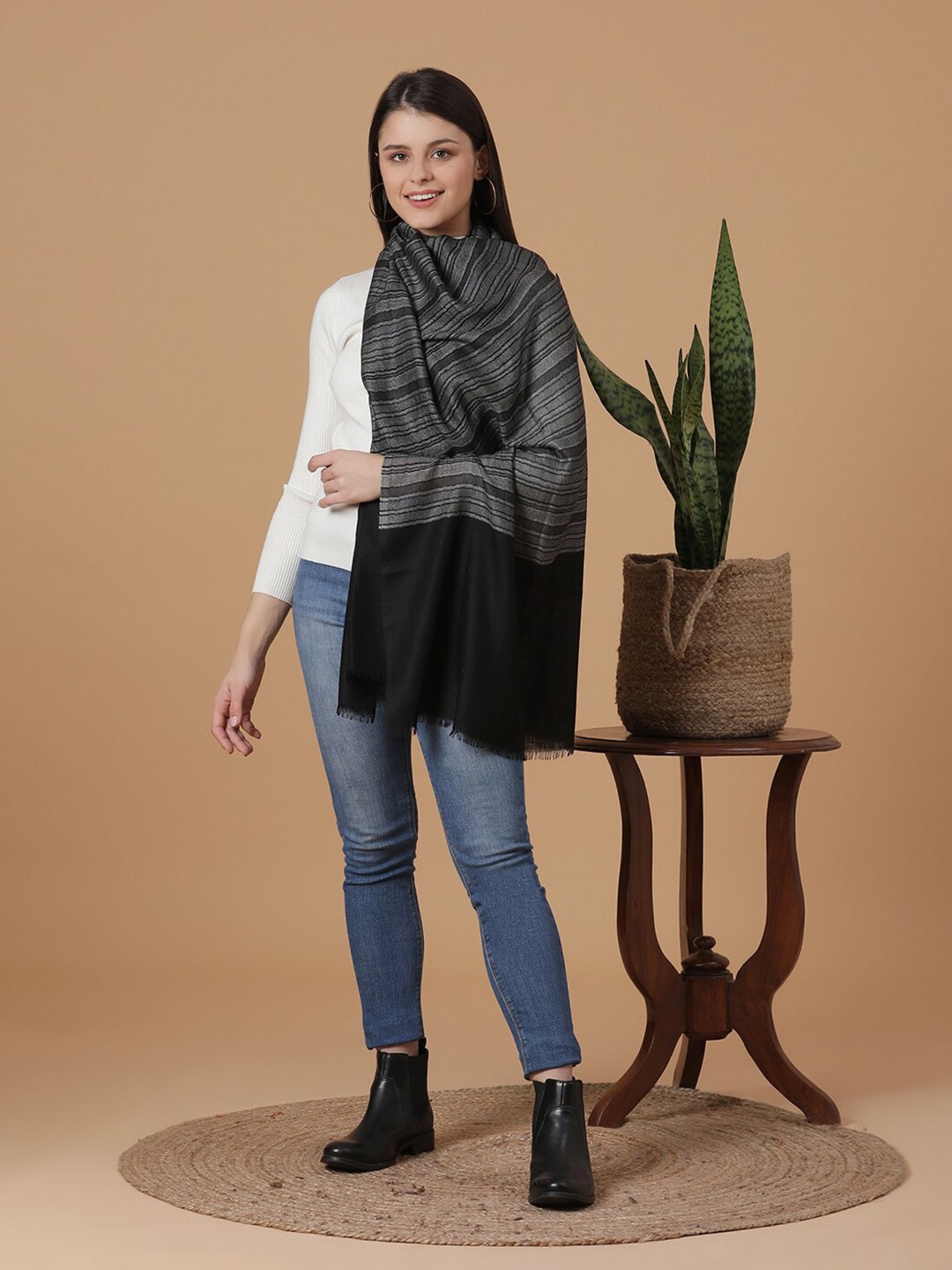 

SHINGORA Women Black & White Woven Design Stole
