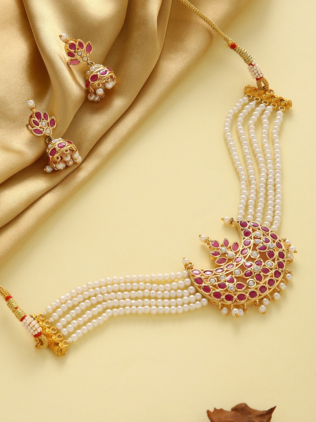 

justpeachy Gold-Plated White & Red Stone-Studded & Pearl Beaded Jewellery Set